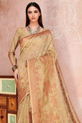 Womens Linen Blend Cream Saree With Blouse Piece