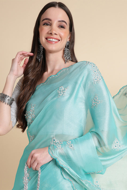 Blue Nylon Floral Saree With Blouse Piece