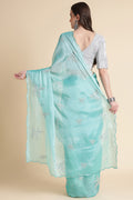 Blue Nylon Floral Saree With Blouse Piece