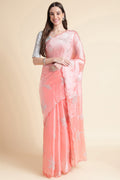 Pink Nylon Floral Embroidered Mirror Work Saree