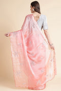 Pink Nylon Floral Embroidered Mirror Work Saree