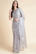 Grey Nylon Floral Embroidered Saree