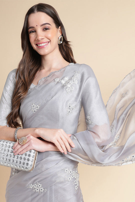 Grey Nylon Floral Embroidered Saree