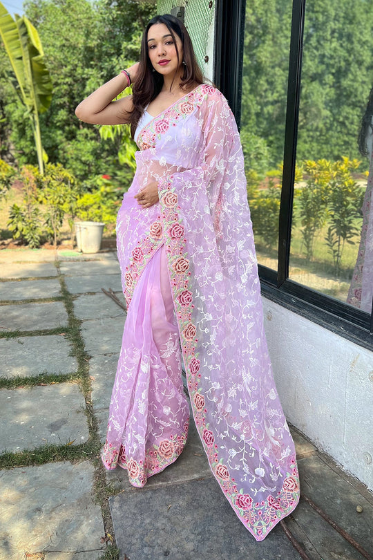 Lavender Organza Saree with White Blouse Piece