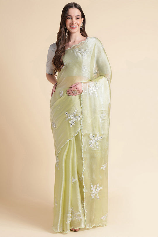 Green Nylon Floral Embroidered Saree