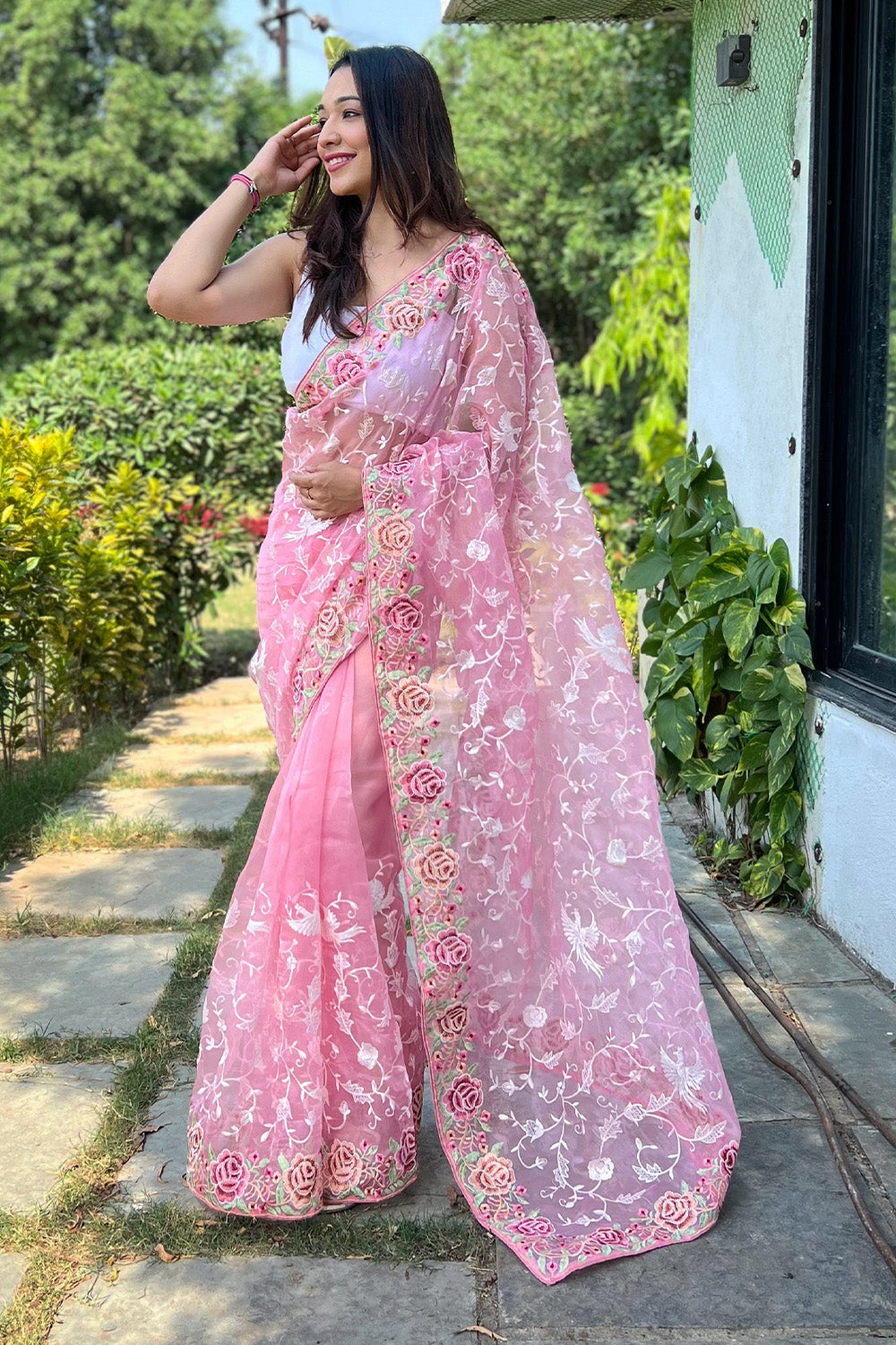 Buy Pink Organza Saree with White Blouse Piece online Karagiri