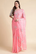 Pink Nylon Floral Embroidered Saree