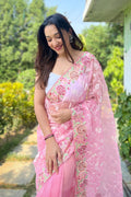 Pink Organza Saree with White Blouse Piece