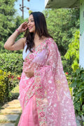 Pink Organza Saree with White Blouse Piece