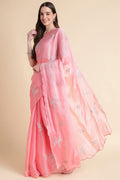 Pink Nylon Floral Embroidered Saree