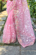 Pink Organza Saree with White Blouse Piece