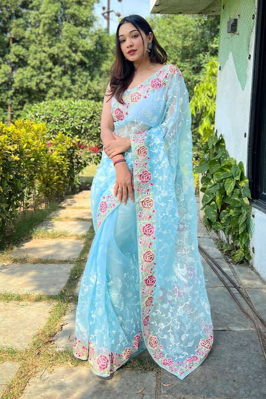 Sky Blue Organza Saree with White Blouse Piece