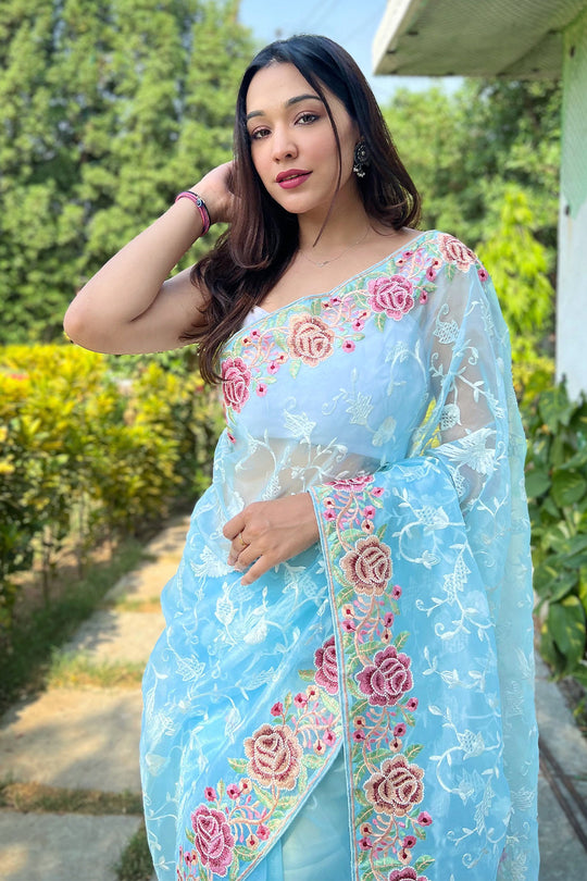 Sky Blue Organza Saree with White Blouse Piece