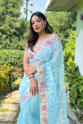 Sky Blue Organza Saree with White Blouse Piece