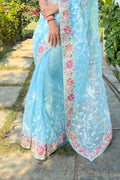 Sky Blue Organza Saree with White Blouse Piece