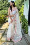 White Organza Saree with White Blouse Piece