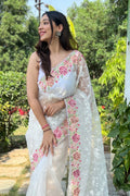 White Organza Saree with White Blouse Piece