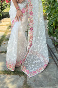 White Organza Saree with White Blouse Piece