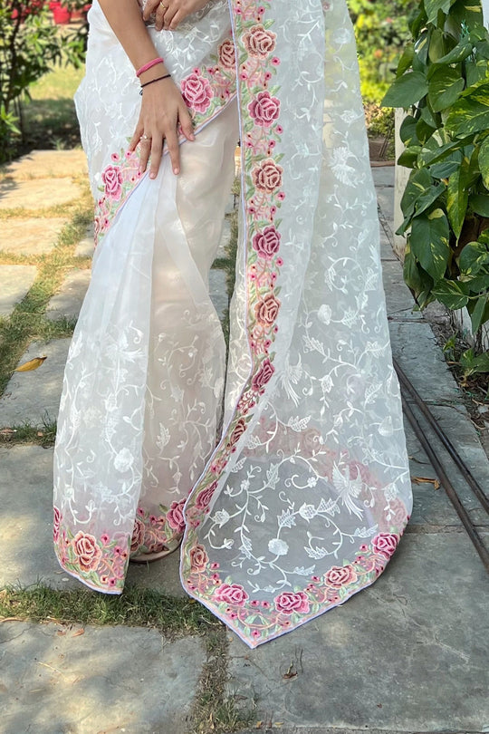 White Organza Saree with White Blouse Piece