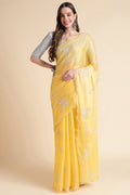 Yellow Nylon Floral Embroidered Mirror Work Saree