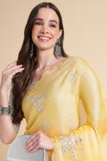 Yellow Nylon Floral Embroidered Mirror Work Saree