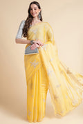 Yellow Nylon Floral Embroidered Mirror Work Saree