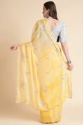 Yellow Nylon Floral Embroidered Mirror Work Saree