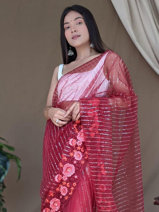 Red Net Saree With Blouse Piece