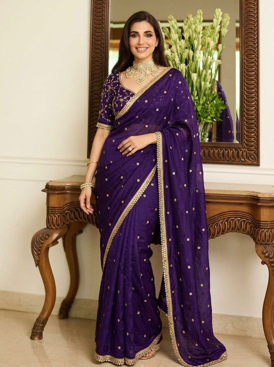 Embroidered Embellished Sequinned Satin Saree