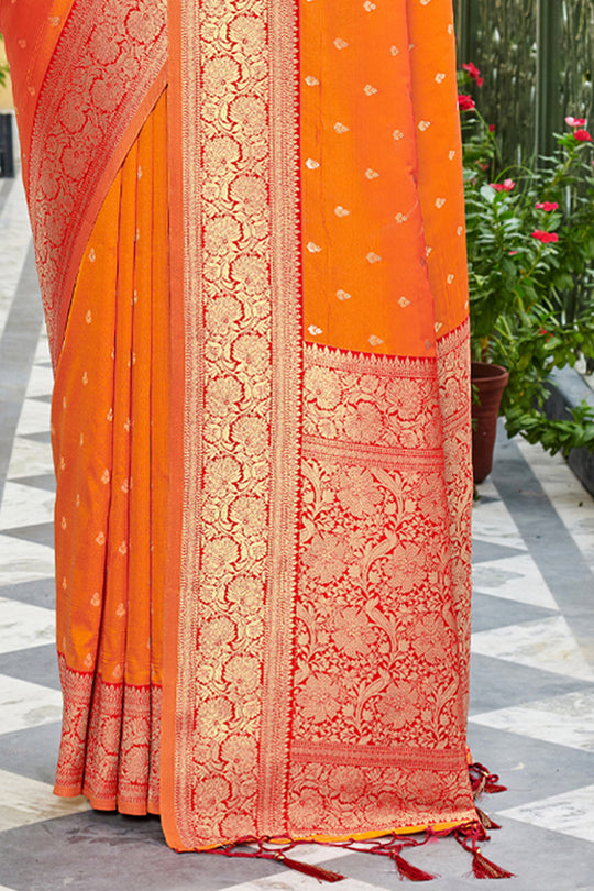 Fire Orange Banarasi Silk Saree With Blouse Piece