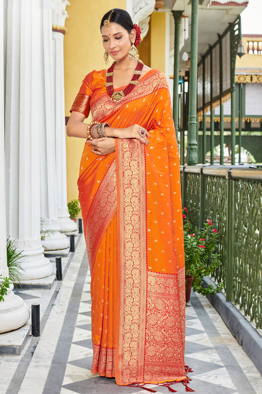 Fire Orange Banarasi Silk Saree With Blouse Piece