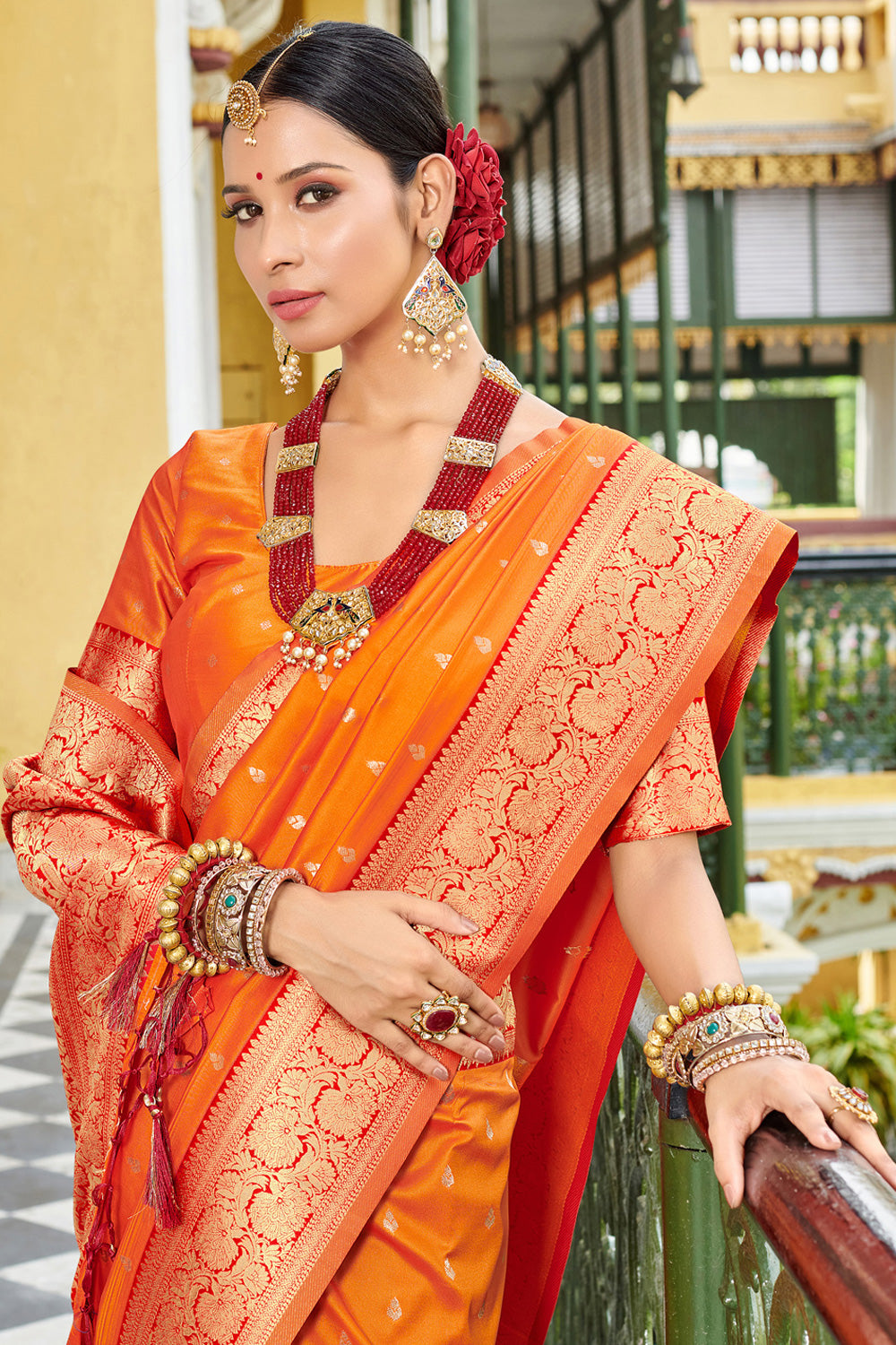 Fire Orange Banarasi Silk Saree With Blouse Piece