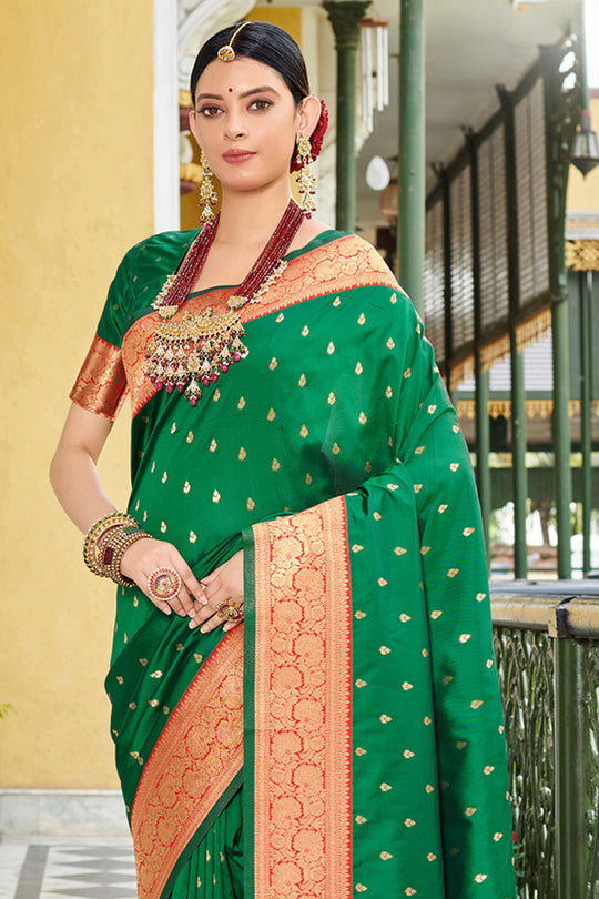 Forest Green Banarasi Silk Saree With Blouse Piece