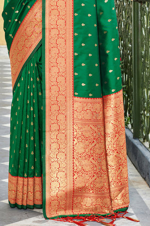 Forest Green Banarasi Silk Saree With Blouse Piece