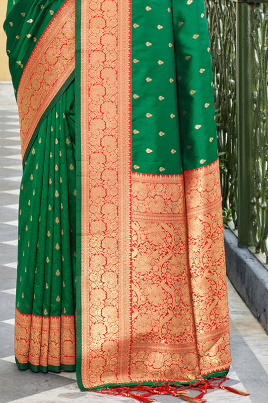 Forest Green Banarasi Silk Saree With Blouse Piece