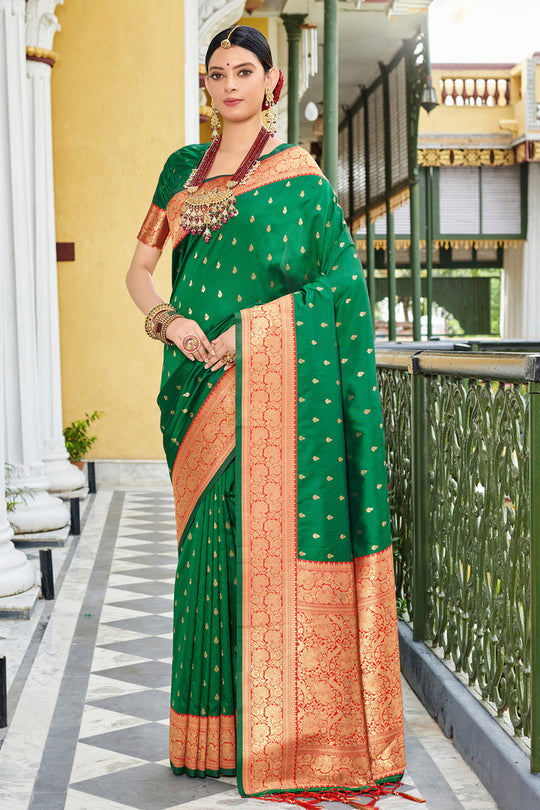 Forest Green Banarasi Silk Saree With Blouse Piece