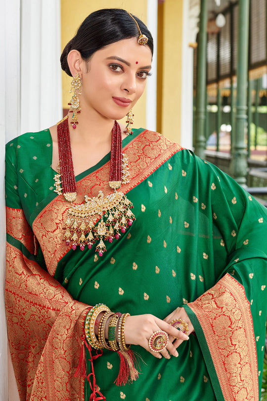 Forest Green Banarasi Silk Saree With Blouse Piece