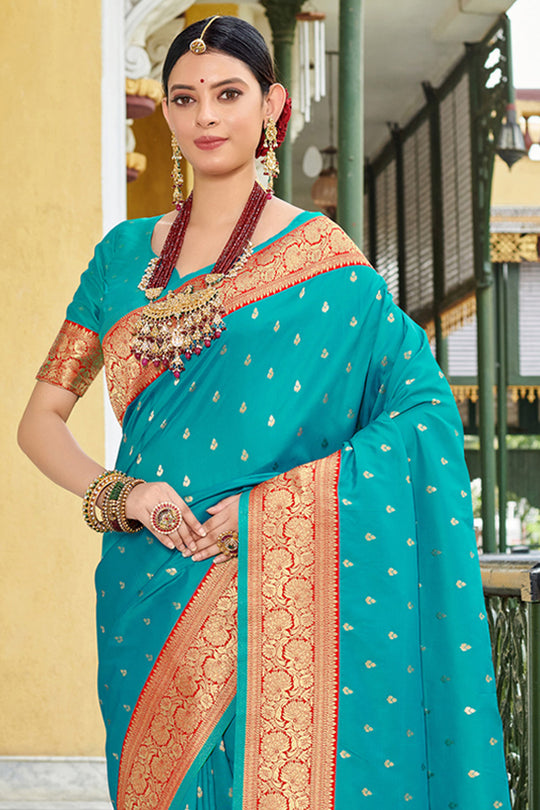 Sky Blue Banarasi Silk Saree With Blouse Piece