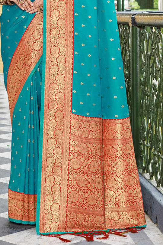 Sky Blue Banarasi Silk Saree With Blouse Piece
