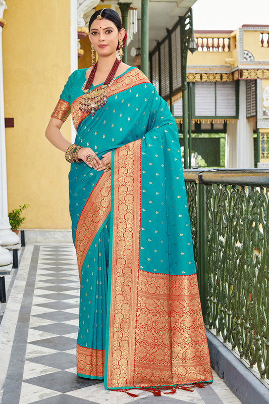 Sky Blue Banarasi Silk Saree With Blouse Piece