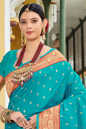 Sky Blue Banarasi Silk Saree With Blouse Piece