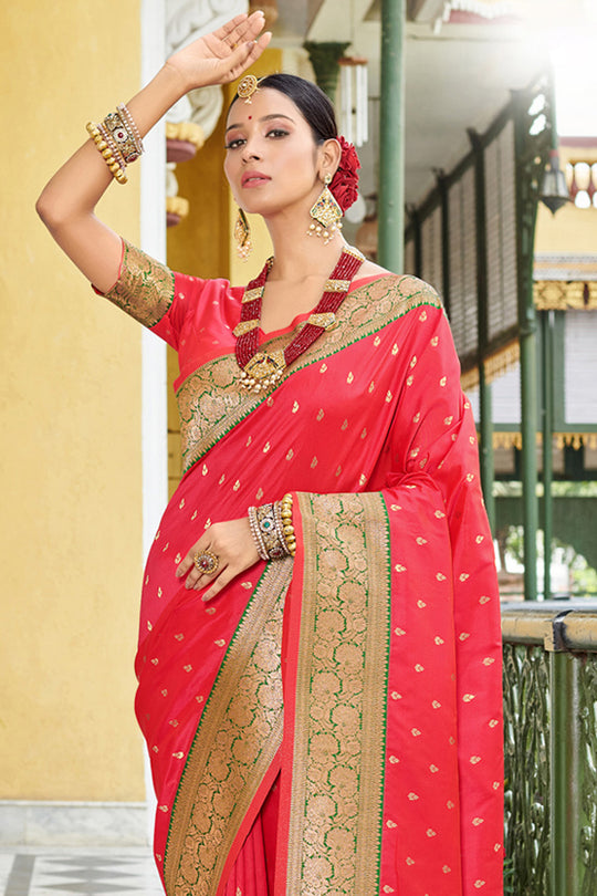 Pink Banarasi Silk Saree With Blouse Piece