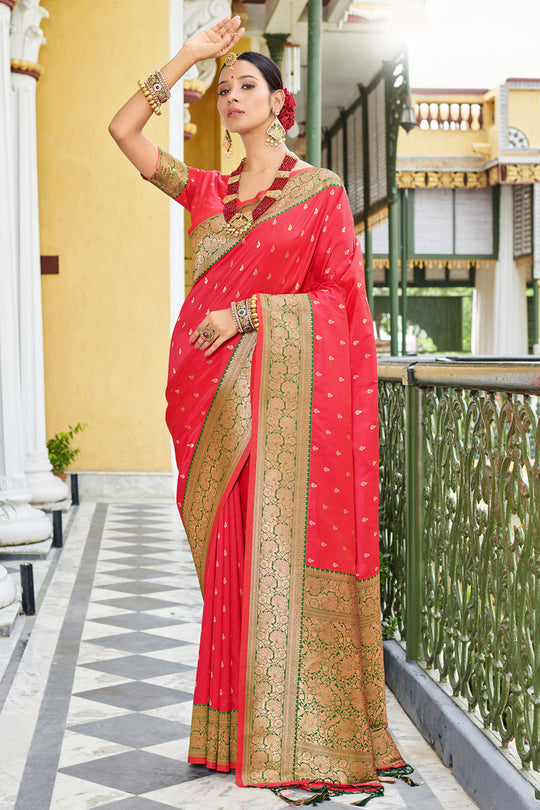 Pink Banarasi Silk Saree With Blouse Piece