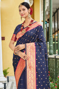Navy Blue Banarasi Silk Saree With Blouse Piece