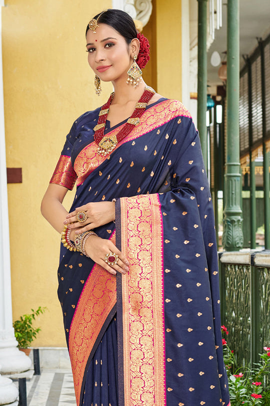 Navy Blue Banarasi Silk Saree With Blouse Piece