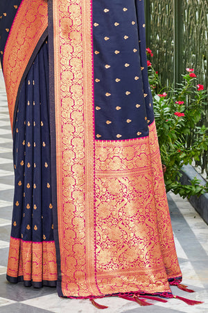 Navy Blue Banarasi Silk Saree With Blouse Piece