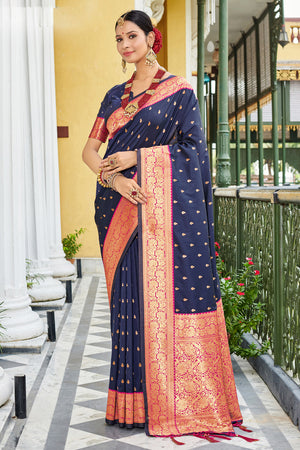 Navy Blue Banarasi Silk Saree With Blouse Piece