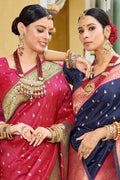 Navy Blue Banarasi Silk Saree With Blouse Piece
