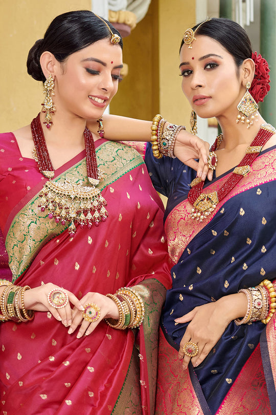 Navy Blue Banarasi Silk Saree With Blouse Piece