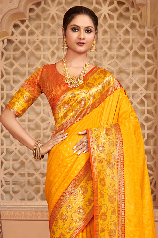 Mustard Yellow Banarasi Silk Saree With Blouse